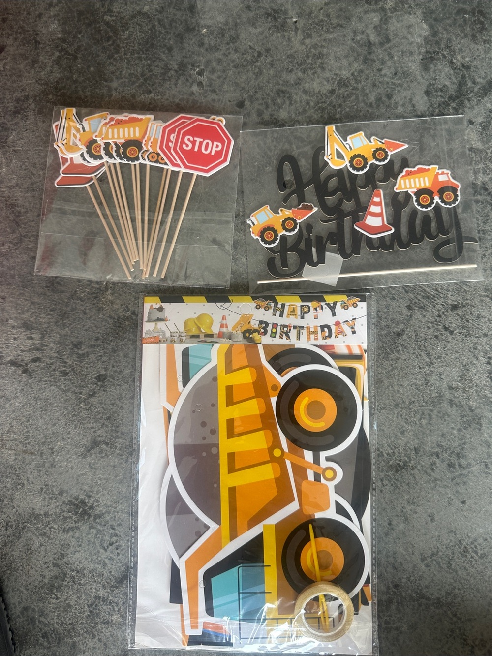 Construction Birthday Banner, Cake topper and cupcake picks or just for decor